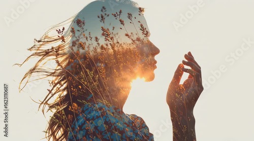 Young woman against the background of a field with flowers and long grass. The beauty of nature and man. Double exposure