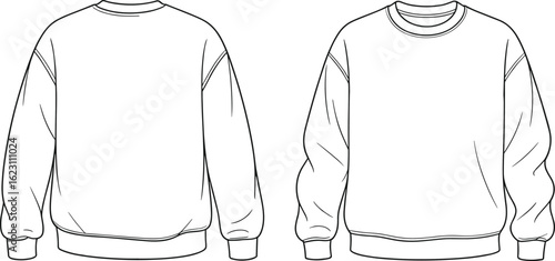 Basic crewneck sweatshirt flat sketch, front and back view, vector CAD drawing for fashion design, clothing template, apparel mockup