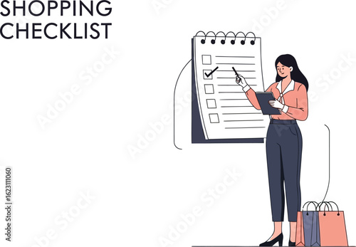 Woman checking shopping list with bags after successful purchase