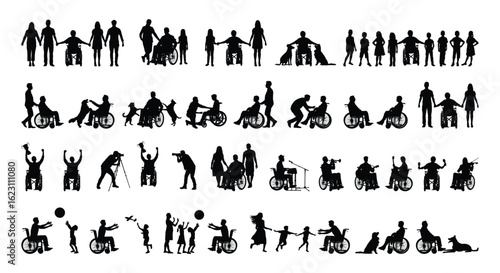 Group of disabled people in wheelchair in different activities black silhouette set collection.