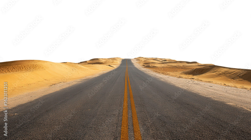 Fototapeta premium Deserted Desert Road background isolated on a Transparent background, PNG file.
