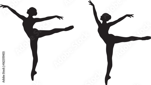 Two ballet dancers in silhouette performing elegant poses isolated on white background