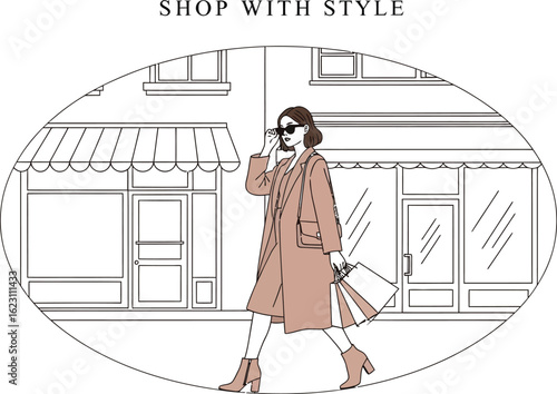 Woman with Shopping Bags Walking Past Storefronts in City