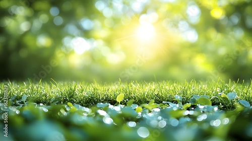 Morning sunlight illuminates dew-kissed grass in a serene natural setting during early springtime
