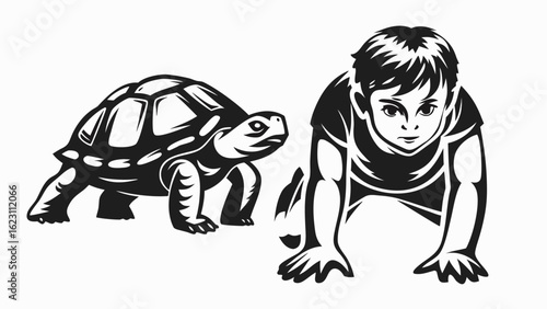 Illustration of a tortoise walking next to a young boy crawling on the ground in a black and white design silhouette