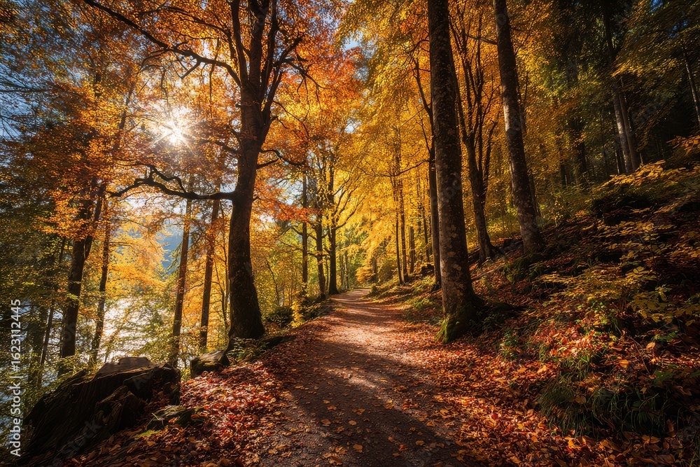 Fototapeta premium Golden Autumn Path Through Sunlit Forest