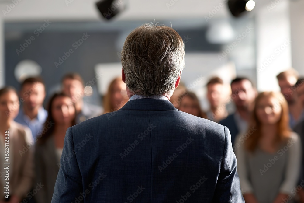 Obraz premium Speaker engages audience during a business presentation in a modern conference room setting at midday