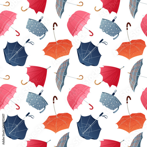 Colorful seamless pattern with umbrellas in different shapes and colors. Autumn vector background with cozy mood Textured fall repeat design for seasonal prints, wrapping papper and fabric
