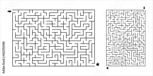 Black and white rectangular maze – medium difficulty printable puzzle with clean line art design. Minimalist vector layout with solution included. Great for all ages.
