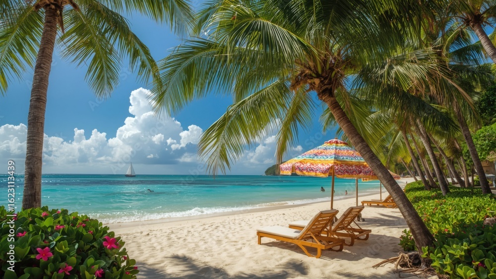 Fototapeta premium Serene Tropical Beach Paradise with Palm Trees and Lounge Chairs