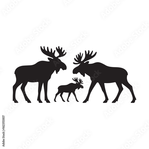 A majestic family of moose with large antlers standing together in a striking black silhouette against a white background representing nature and wildlife