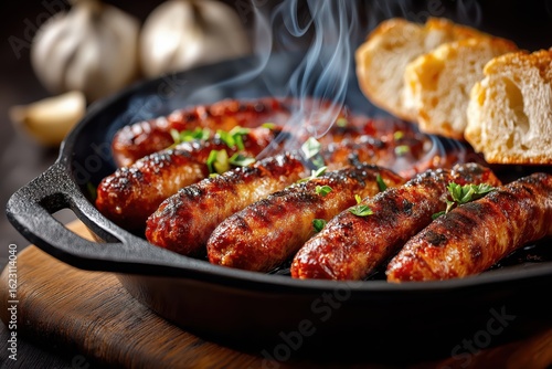 Spicy chistorra sausages sizzle in skillet beside garlic and sliced bread