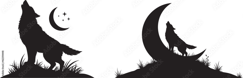 Obraz premium Silhouette of a howling wolf at the moon isolated on white background
