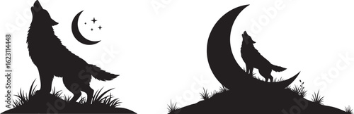 Silhouette of a howling wolf at the moon isolated on white background