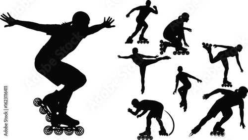 Silhouettes of roller skaters performing tricks, dynamic balance poses, active lifestyle concept, inline skating art, fitness movement, black vector illustration