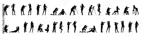 Silhouette of group photographers with camera and group sexy female models in different poses in row vector set collection.