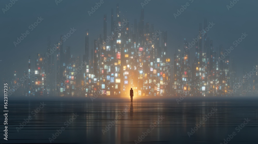 Fototapeta premium Lonely figure stands in an abstract city of apps and alerts amid towering information structures at dusk