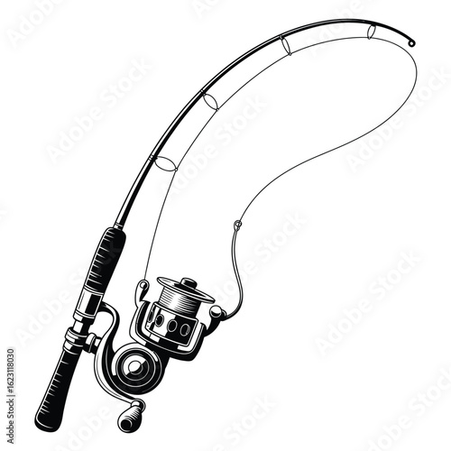 Detailed Black and White Fishing Rod and Reel Illustration
