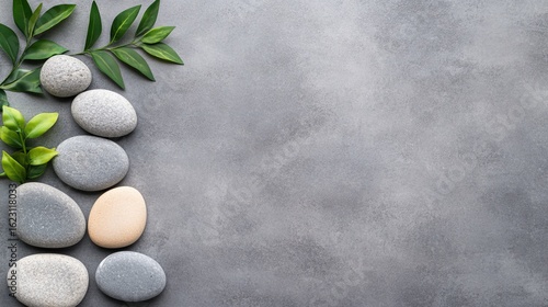 Grey Stones and Green Leaves on Grey Background, Spa, Serenity Spa, Relaxation