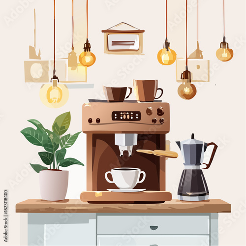 A stylish coffee station with an espresso machine brewing a fresh cup, a moka pot, and a houseplant.