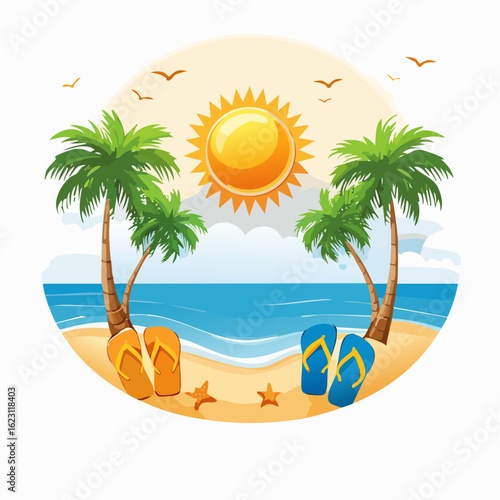 A vibrant cartoon illustration of a sunny tropical beach with palm trees, ocean waves, and flip-flops on the sand.