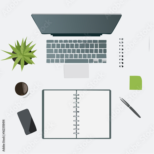Top-down view of an organized modern workspace with a laptop, blank notebook, coffee, and plant.