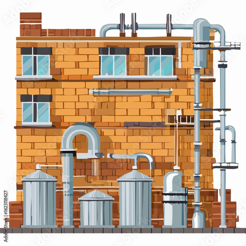 A brick factory building with industrial pipes, tanks, and distillation equipment.