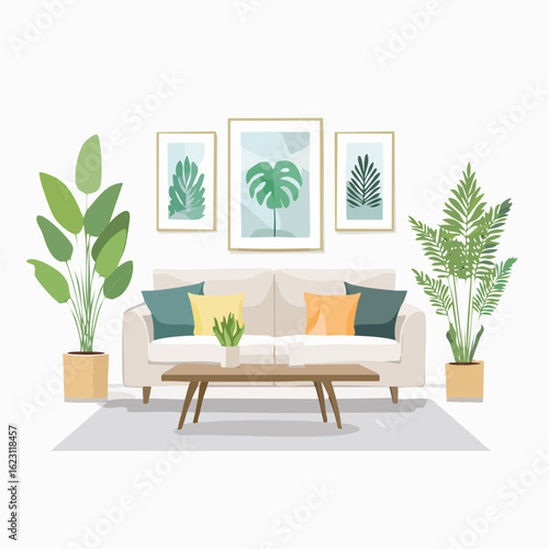 A modern living room interior featuring a beige sofa with colorful pillows, a coffee table, and lush green houseplants.