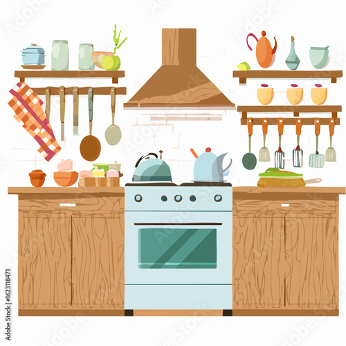 A cozy kitchen interior illustration with a stove, wooden cabinets, and shelves holding various cookware and utensils.