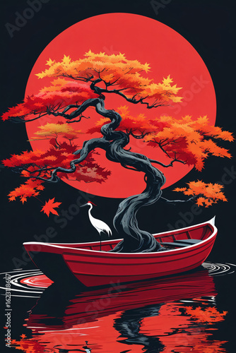 stork in boat under japanese maple tree