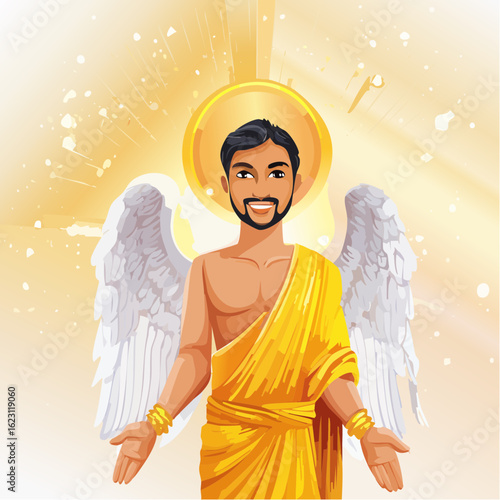 A benevolent male angel with a beard, white wings, and a golden halo smiles warmly.