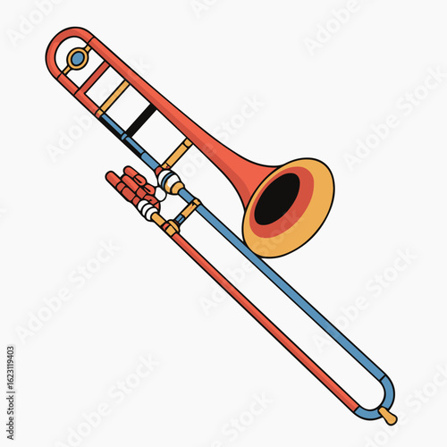 Illustration of a colorful trombone with red bell and blue slide on a white background image art on transparent background