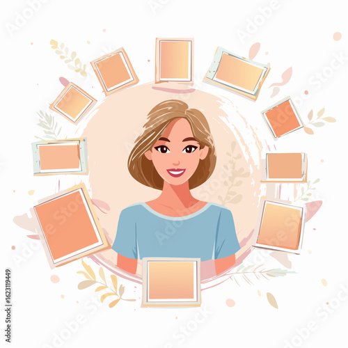 A cheerful woman surrounded by empty photo frames, symbolizing future possibilities or memories.