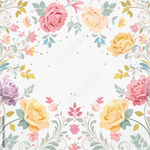 Elegant floral arrangement with roses and delicate leaves forming a decorative frame.