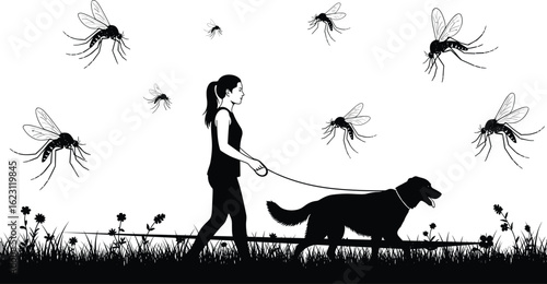 Woman walking dog surrounded by mosquitoes, outdoor scene, nature, pest control, summer walk, insect infestation, pet care, health risk
