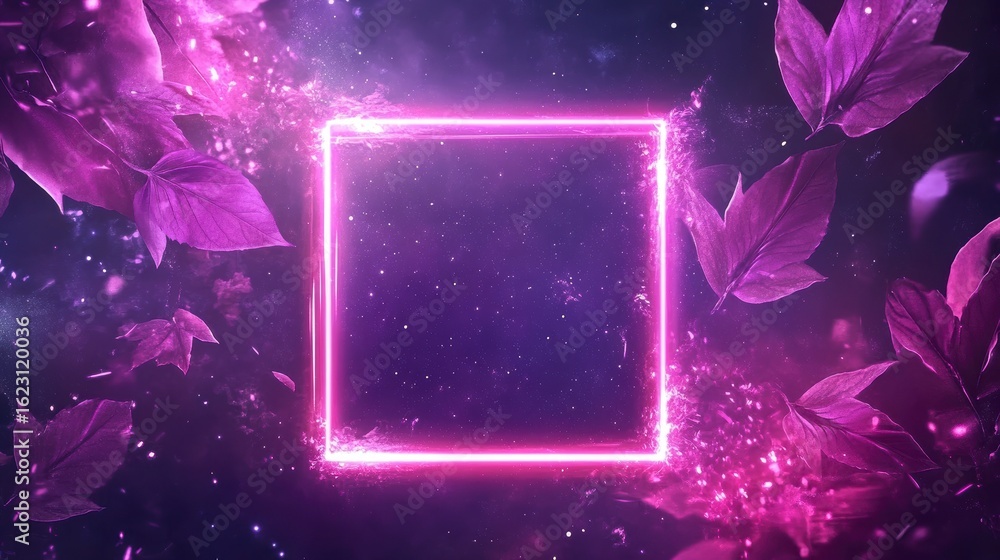 Obraz premium Glowing neon square frame surrounded by purple leaves and particles.