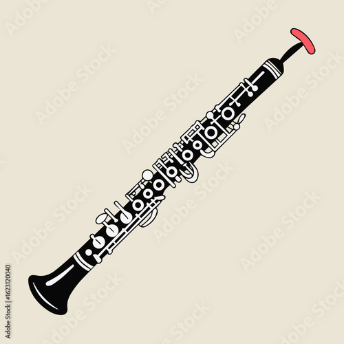 Illustration of a black oboe with silver keys and a red reed against a light beige background on transparent background