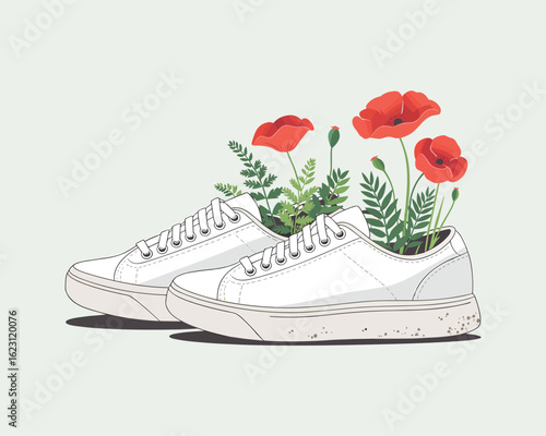 A flat vector illustration showcasing red poppy flowers and ferns growing in white sneakers
