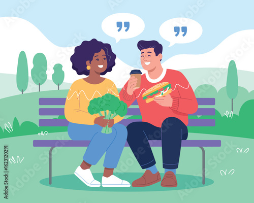 Happy interracial couple on a park bench date with a broccoli bouquet and sandwich