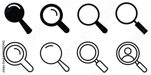 Search icon set with magnifying glass symbol. Black magnifying glass icon on transparent background. Research tool concept. Vector illustration.