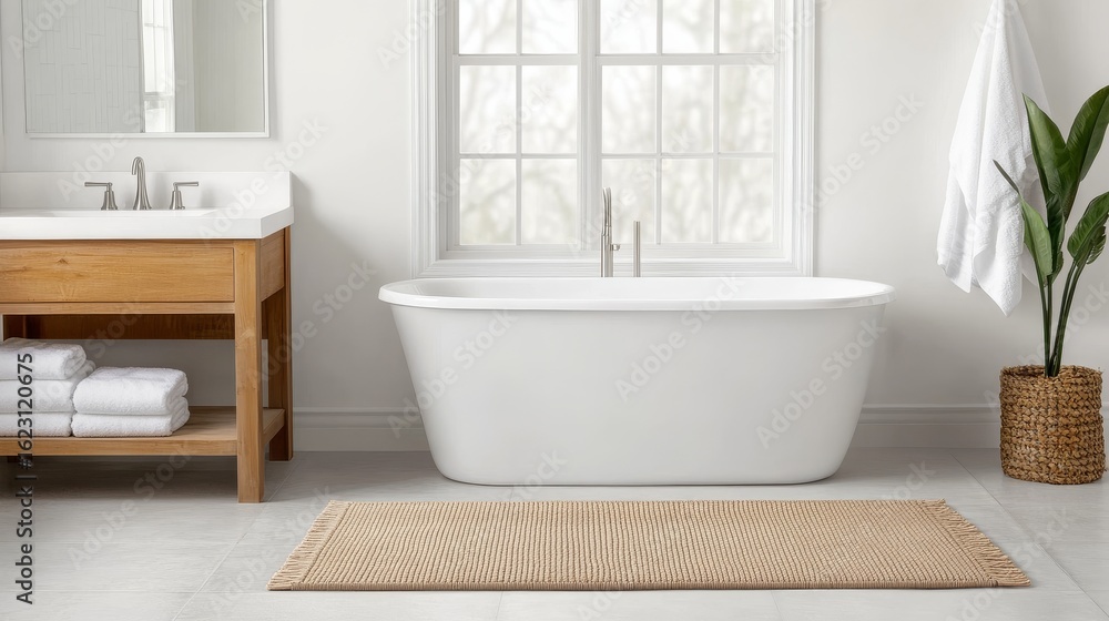 Fototapeta premium Modern Bathroom with Freestanding Tub and Beige Rug,Bathroom Decor,Bathroom Design