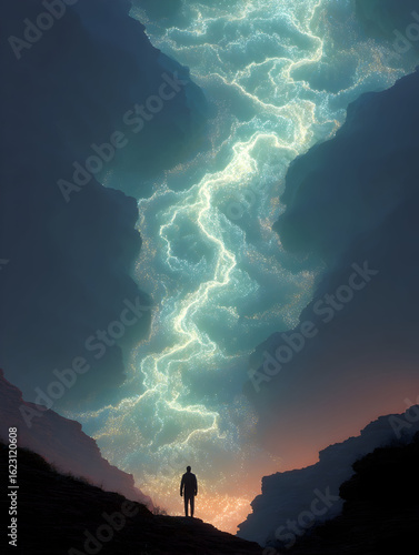Majestic lightning illuminates the canyon at twilight with a lone figure standing beneath the electrifying sky