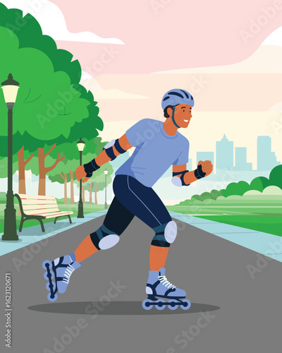 Flat vector illustration of an active man rollerblading in a city park for exercise and leisure