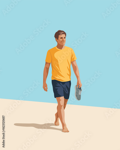 A vector illustration of a young man walking barefoot on a sandy beach in summer.