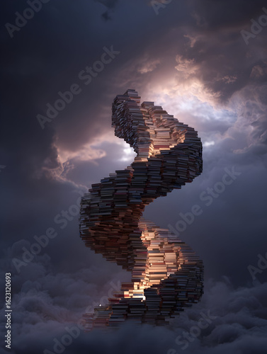 Sculpture of stacked books spiraling into the clouds during twilight in a mystical atmosphere