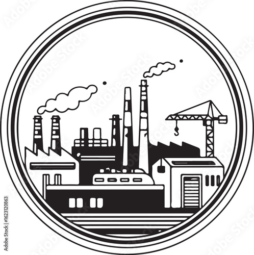 Black and White Industrial Factory Illustration, Vector Design