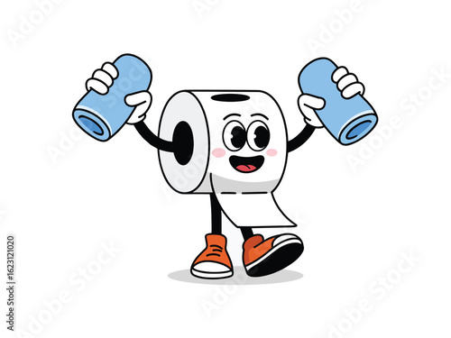 A flat vector illustration of a cheerful toilet paper roll character working out with dumbbells.