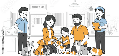 Happy family adopting pets at animal shelter, vector illustration
