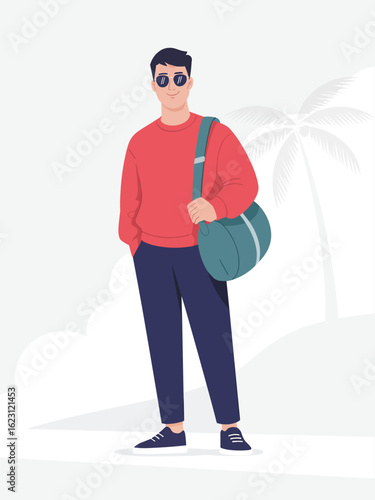 A flat vector illustration of a stylish young man with sunglasses and a duffel bag