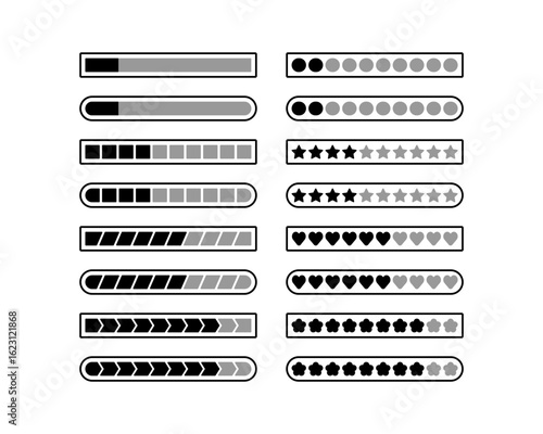 Loading bar status progress icon set. Basic flat design downloading with percentage. System software update and upgrade process sign symbol. Circle, star, heart, flower.